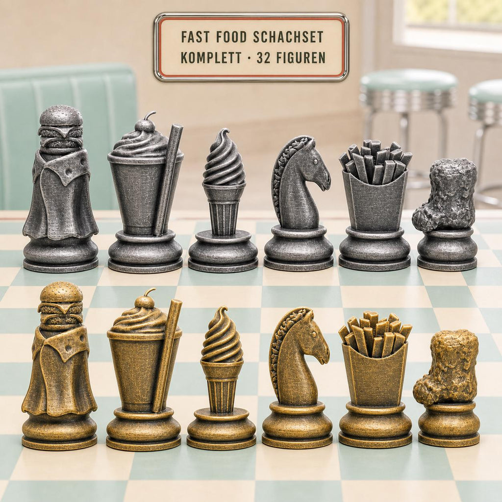 Fast-Food-Motive-Schachfigurenset – komplettes 32-teiliges, 3D-gedrucktes PLA-Schachset | Geschenk für Schachfans | Made in Germany FehnFactory