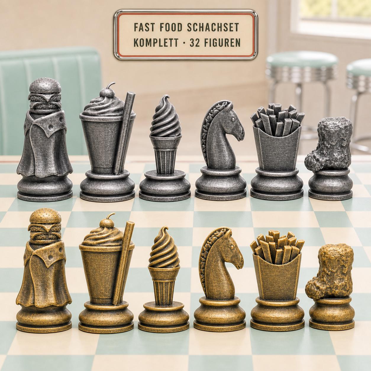 Fast-Food-Motive-Schachfigurenset – komplettes 32-teiliges, 3D-gedrucktes PLA-Schachset | Geschenk für Schachfans | Made in Germany FehnFactory
