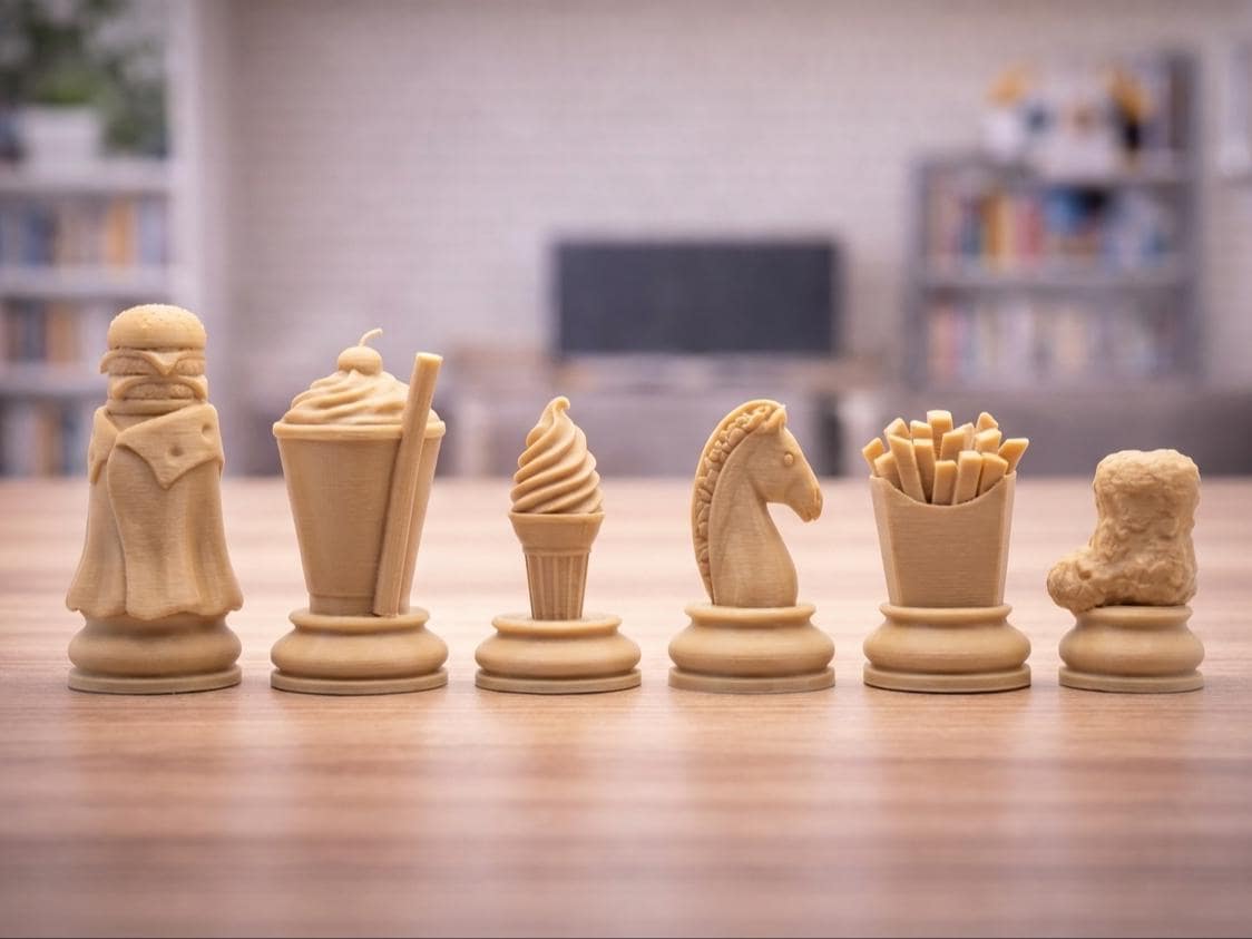 Fast-Food-Motive-Schachfigurenset – komplettes 32-teiliges, 3D-gedrucktes PLA-Schachset | Geschenk für Schachfans | Made in Germany FehnFactory