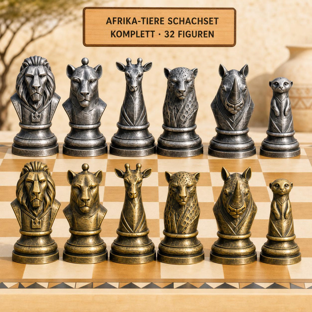 Afrikanische-Tierwelt-Schachfigurenset – komplettes 32-teiliges, 3D-gedrucktes PLA-Schachset | Geschenk für Schachfans | Made in Germany FehnFactory