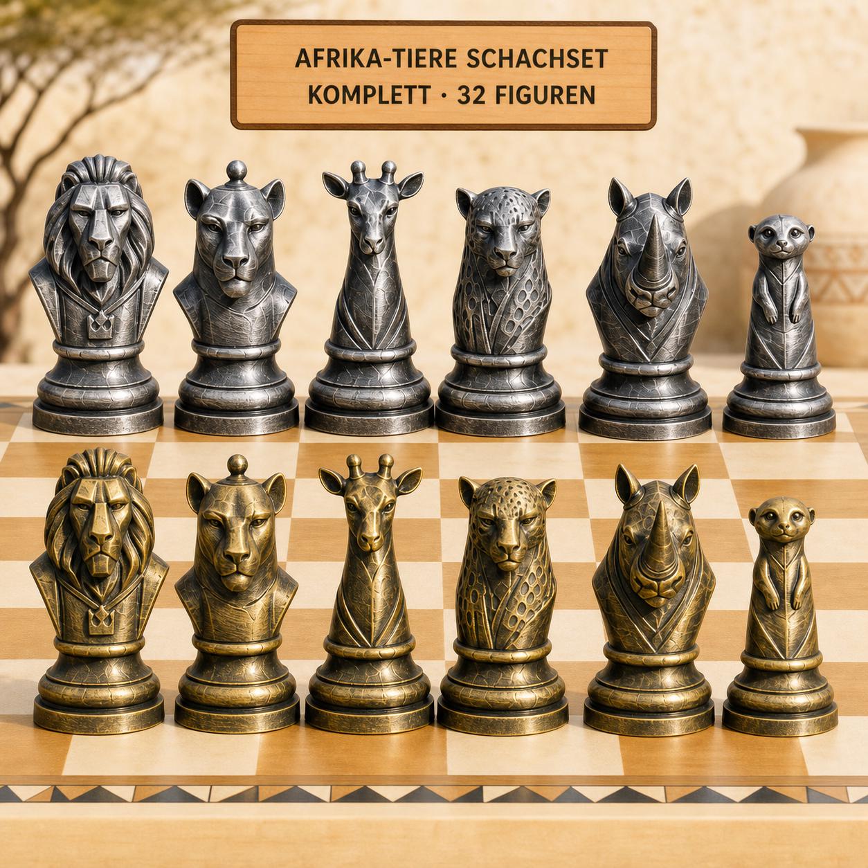 Afrikanische-Tierwelt-Schachfigurenset – komplettes 32-teiliges, 3D-gedrucktes PLA-Schachset | Geschenk für Schachfans | Made in Germany FehnFactory
