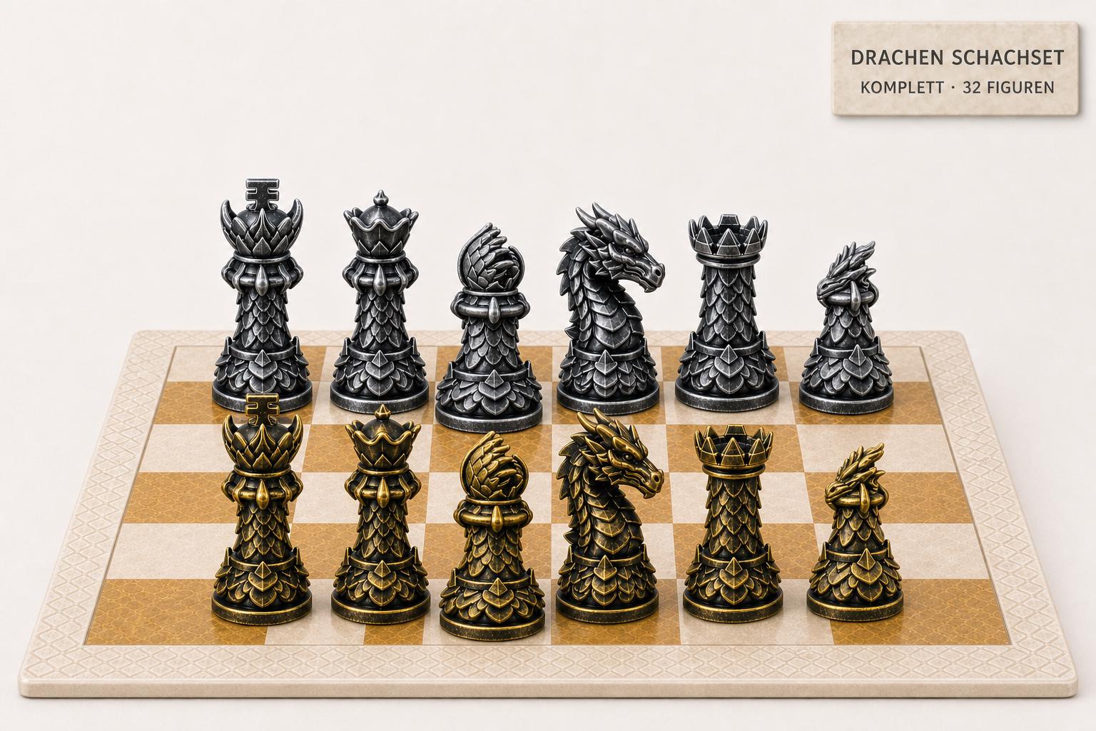 Drachen-Staunton-Schachfigurenset – komplettes 32-teiliges, 3D-gedrucktes PLA-Schachset | Geschenk für Schachfans | Made in Germany FehnFactory