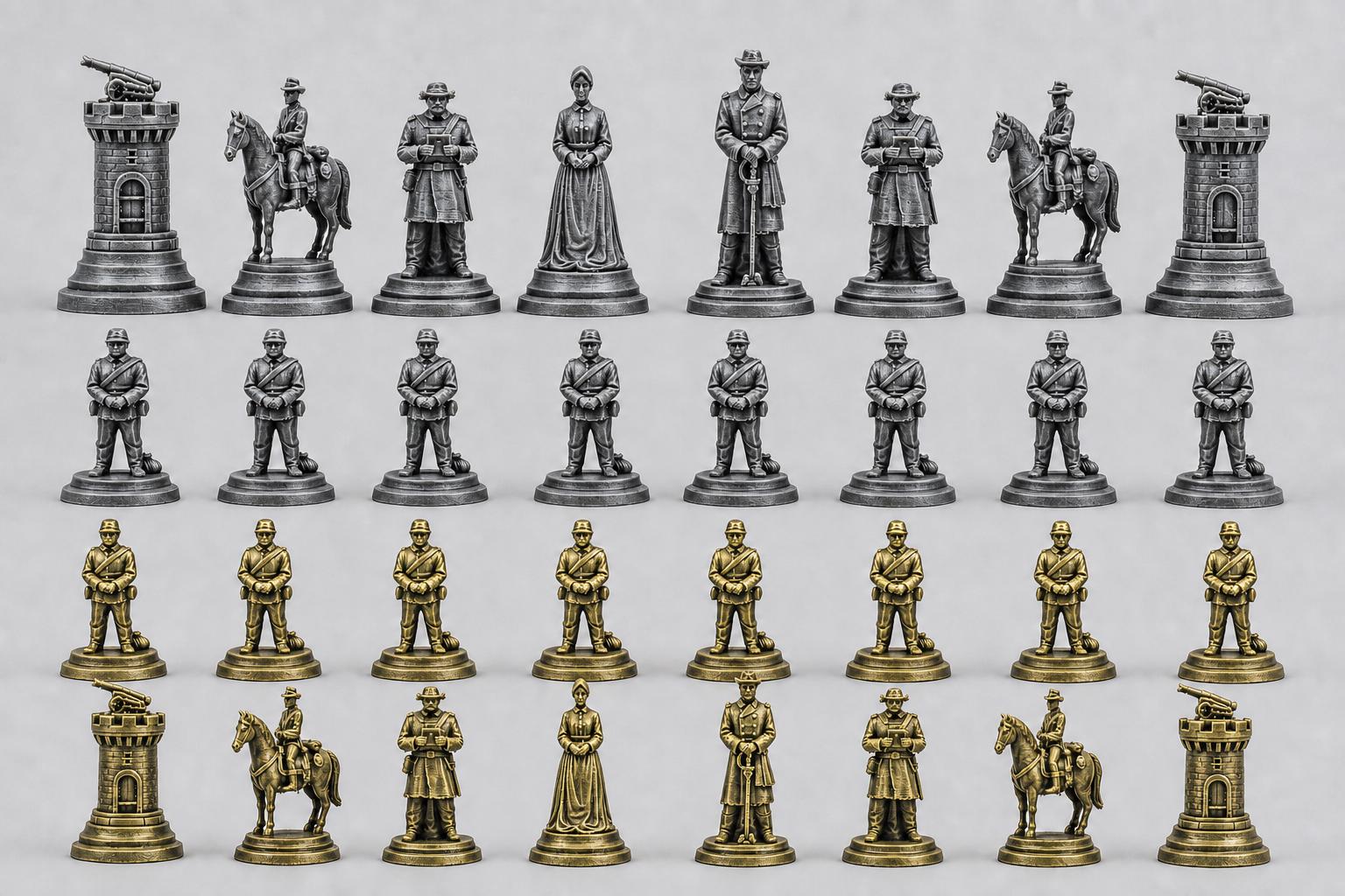 Südstaaten-Schachfigurenset – Amerikanischer Bürgerkrieg – komplettes 32-teiliges, 3D-gedrucktes PLA-Schachset | Made in Germany FehnFactory