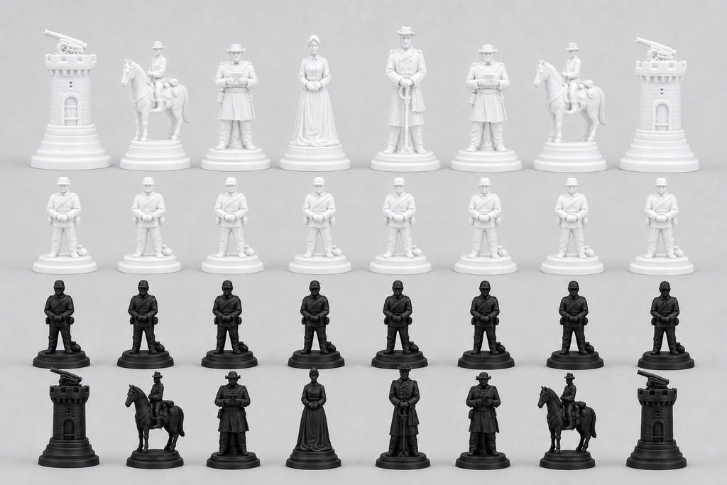 Südstaaten-Schachfigurenset – Amerikanischer Bürgerkrieg – komplettes 32-teiliges, 3D-gedrucktes PLA-Schachset | Made in Germany FehnFactory
