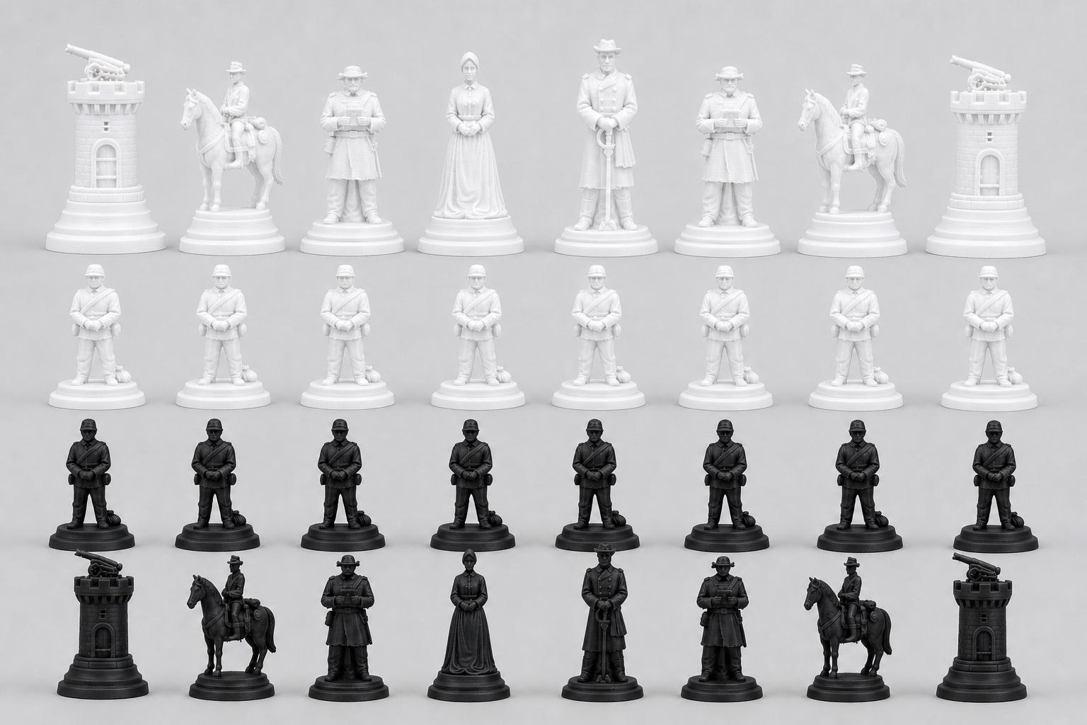 Südstaaten-Schachfigurenset – Amerikanischer Bürgerkrieg – komplettes 32-teiliges, 3D-gedrucktes PLA-Schachset | Made in Germany FehnFactory