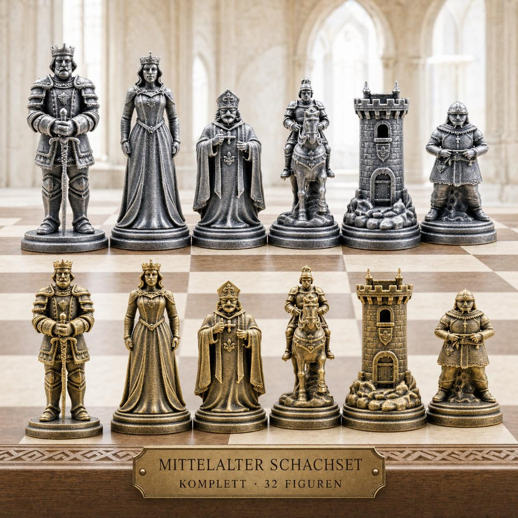 Mittelalter-Schachfigurenset – komplettes 32-teiliges, 3D-gedrucktes PLA-Schachset | Geschenk für Schachfans | Made in Germany FehnFactory