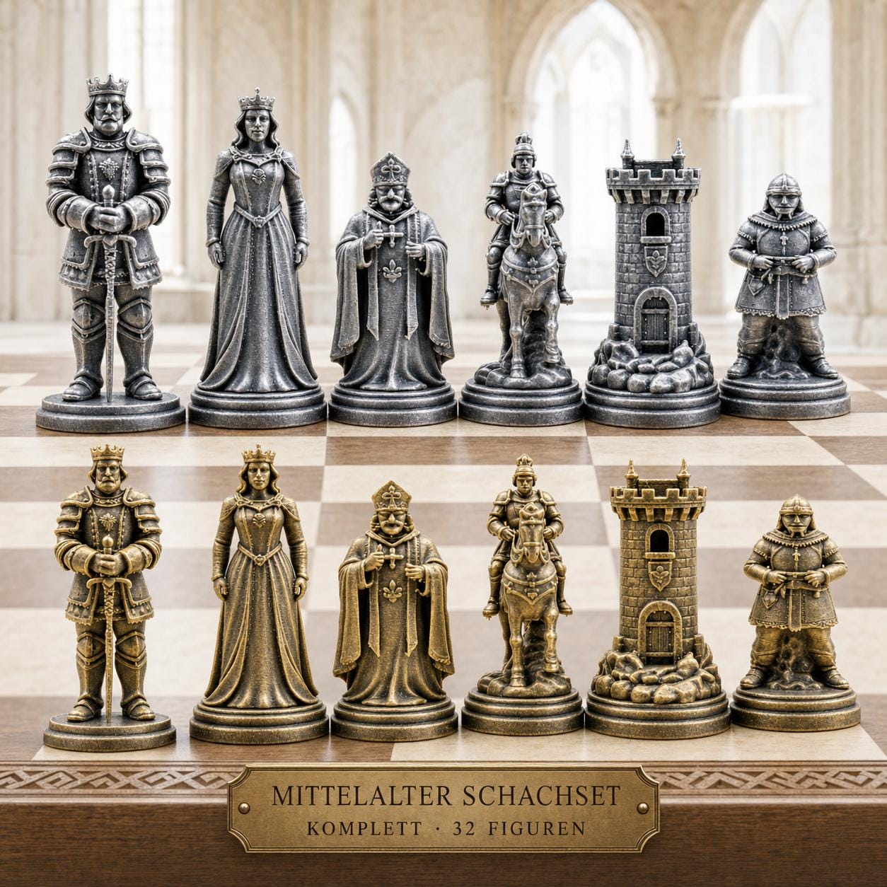 Mittelalter-Schachfigurenset – komplettes 32-teiliges, 3D-gedrucktes PLA-Schachset | Geschenk für Schachfans | Made in Germany FehnFactory