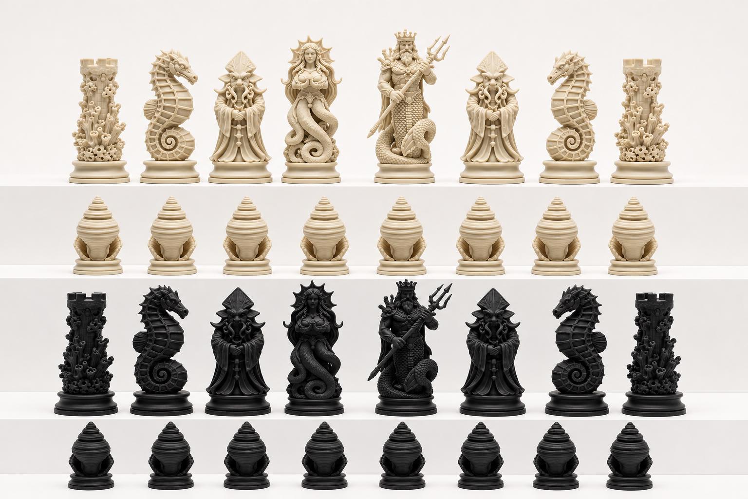 Tiefsee-Schachfigurenset – komplettes 32-teiliges, 3D-gedrucktes PLA-Schachset | Geschenk für Schachfans | Sammlerstück | Made in Germany FehnFactory