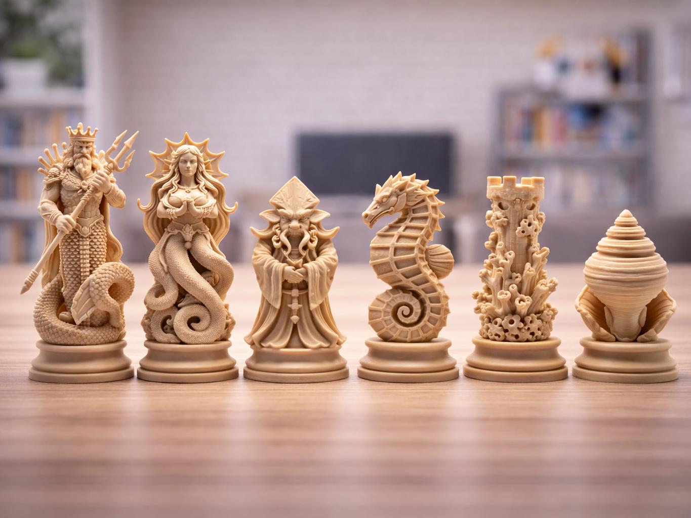 Tiefsee-Schachfigurenset – komplettes 32-teiliges, 3D-gedrucktes PLA-Schachset | Geschenk für Schachfans | Sammlerstück | Made in Germany FehnFactory