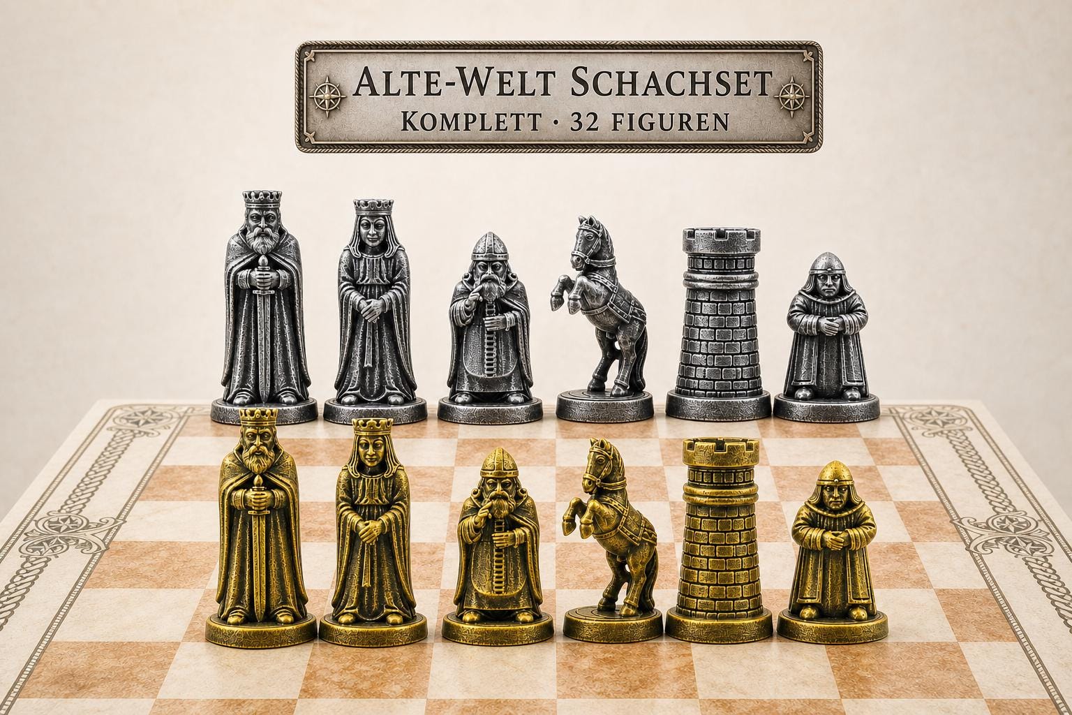 Alte-Welt-Schachfigurenset – komplettes 32-teiliges, 3D-gedrucktes PLA-Schachset | Geschenk für Schachfans | Sammlerstück | Made in Germany FehnFactory
