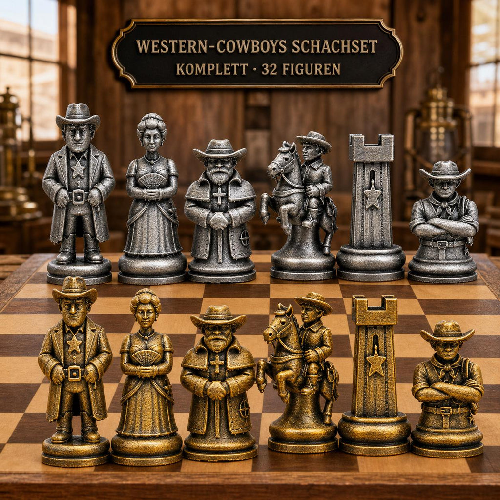 Western-Cowboys-Schachfigurenset – komplettes 32-teiliges, 3D-gedrucktes PLA-Schachset | Geschenk für Schachfans | Made in Germany FehnFactory