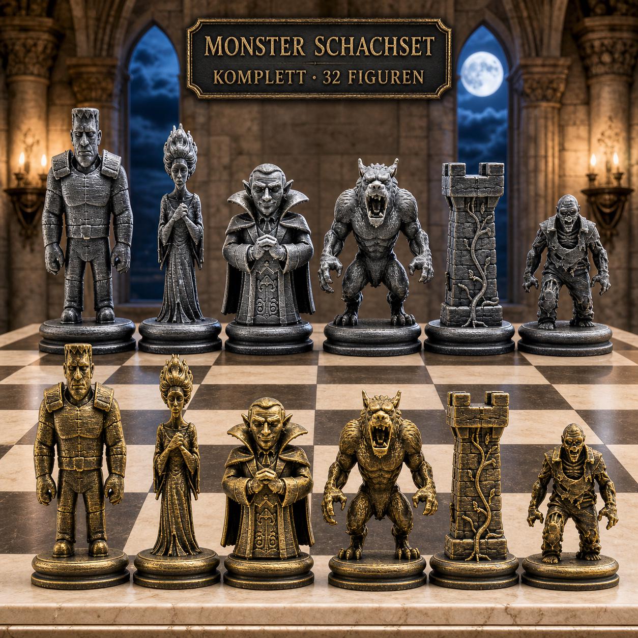 Monster-Schachfigurenset – komplettes 32-teiliges, 3D-gedrucktes PLA-Schachset | Geschenk für Schachfans | Sammlerstück | Made in Germany