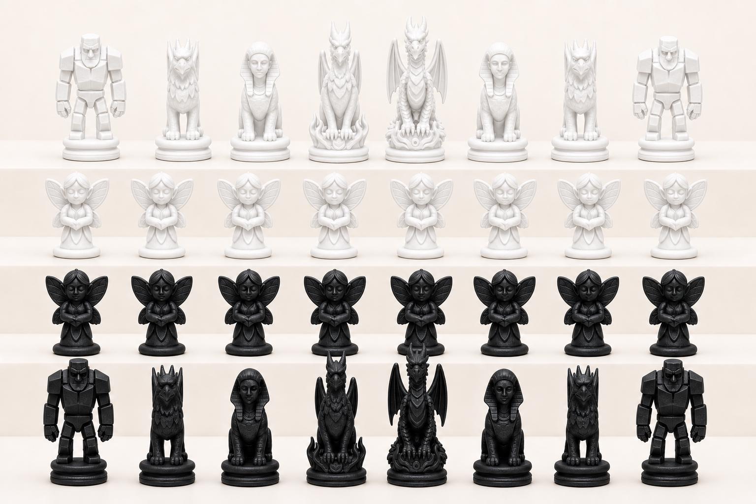 Mythische-Kreaturen-Schachfigurenset – komplettes 32-teiliges, 3D-gedrucktes PLA-Schachset | Geschenk für Schachfans | Made in Germany