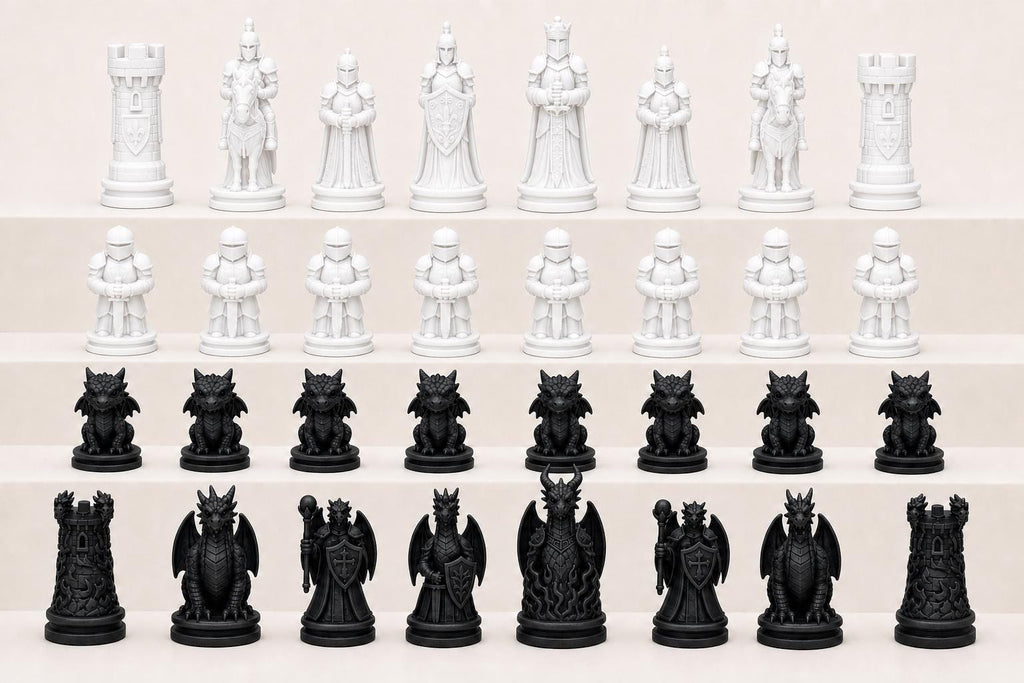 Ritter-gegen-Drachen-Schachfigurenset – komplettes 32-teiliges, 3D-gedrucktes PLA-Schachset | Geschenk für Schachfans | Made in Germany