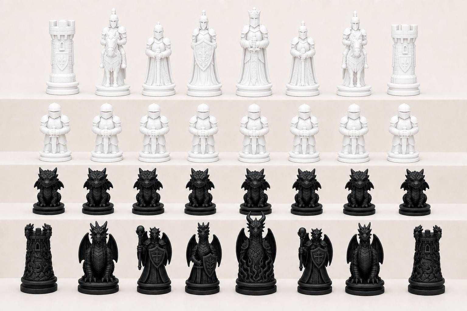 Ritter-gegen-Drachen-Schachfigurenset – komplettes 32-teiliges, 3D-gedrucktes PLA-Schachset | Geschenk für Schachfans | Made in Germany