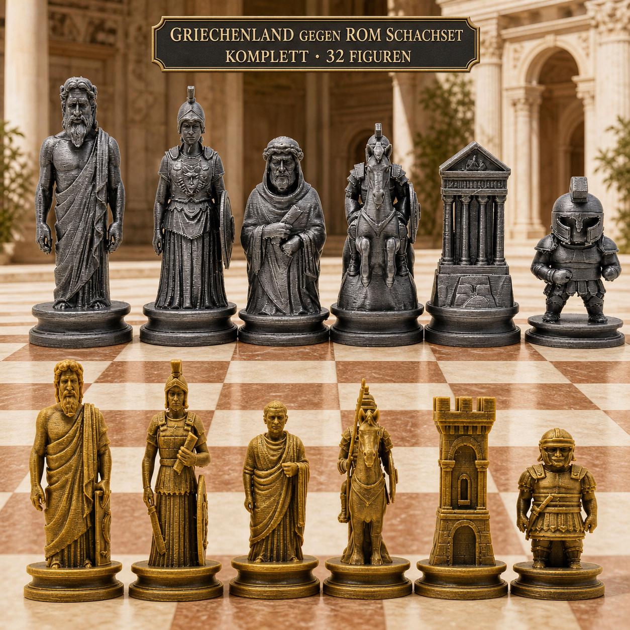 Antikes-Griechenland-gegen-antikes-Rom-Schachfigurenset – komplettes 32-teiliges, 3D-gedrucktes PLA-Schachset | Made in Germany