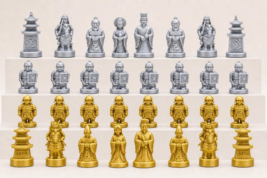 Historisches-China-gegen-historisches-Japan-Schachfigurenset – komplettes 32-teiliges, 3D-gedrucktes PLA-Schachset | Made in Germany