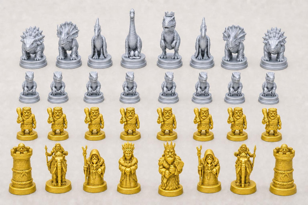 Dinosaurier-gegen-Steinzeitmenschen-Schachfigurenset – komplettes 32-teiliges, 3D-gedrucktes PLA-Schachset | Sammlerstück | Made in Germany