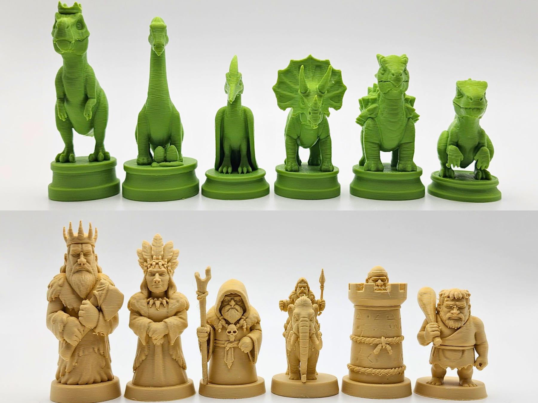 Dinosaurier-gegen-Steinzeitmenschen-Schachfigurenset – komplettes 32-teiliges, 3D-gedrucktes PLA-Schachset | Sammlerstück | Made in Germany