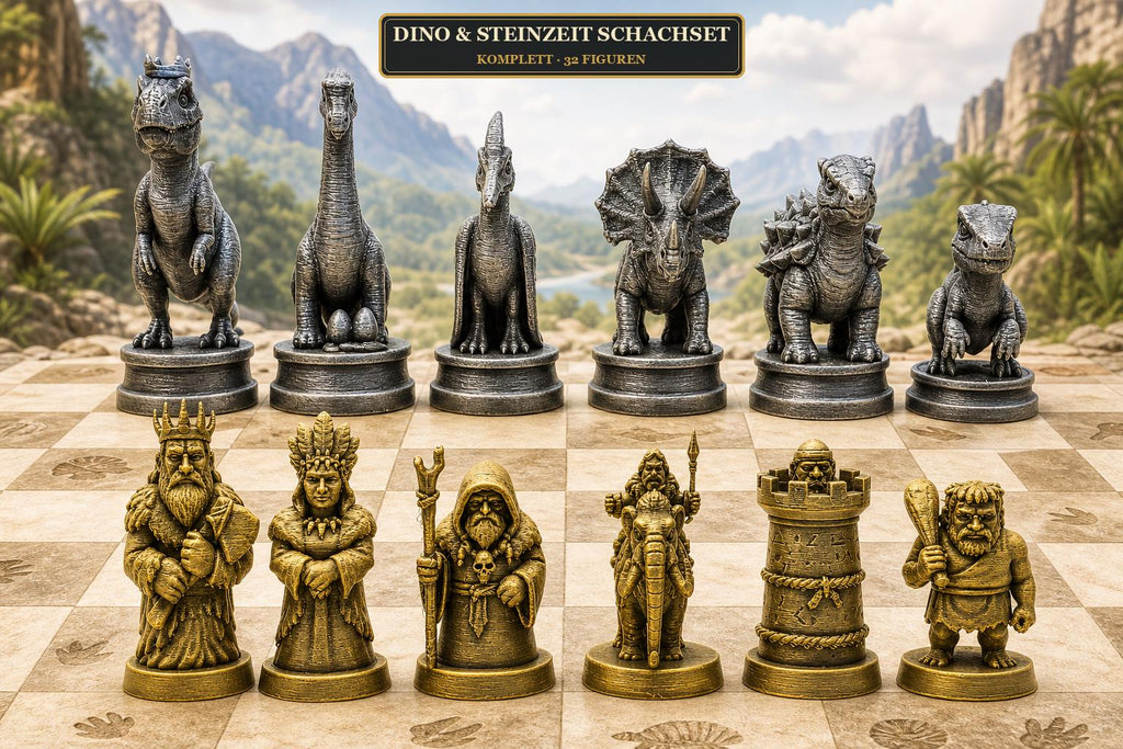Dinosaurier-gegen-Steinzeitmenschen-Schachfigurenset – komplettes 32-teiliges, 3D-gedrucktes PLA-Schachset | Sammlerstück | Made in Germany