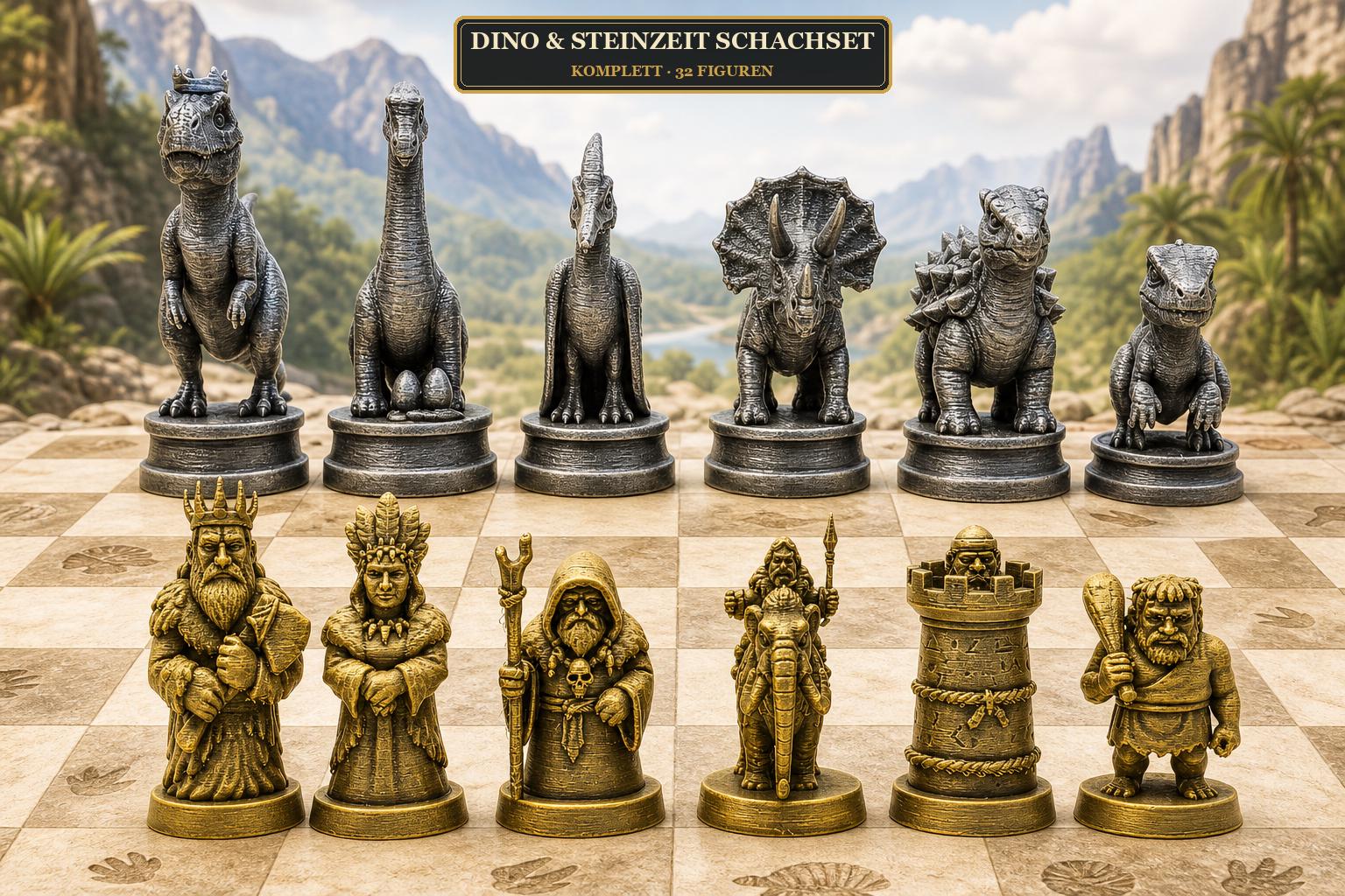 Dinosaurier-gegen-Steinzeitmenschen-Schachfigurenset – komplettes 32-teiliges, 3D-gedrucktes PLA-Schachset | Sammlerstück | Made in Germany
