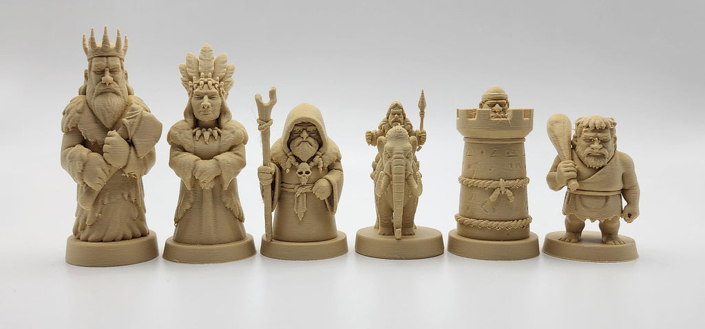 Dinosaurier-gegen-Steinzeitmenschen-Schachfigurenset – komplettes 32-teiliges, 3D-gedrucktes PLA-Schachset | Sammlerstück | Made in Germany