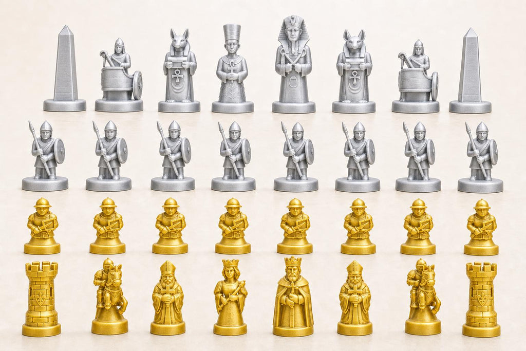 Altes-Ägypten-gegen-mittelalterliches-Europa-Schachfigurenset – komplettes 32-teiliges, 3D-gedrucktes PLA-Schachset | Made in Germany