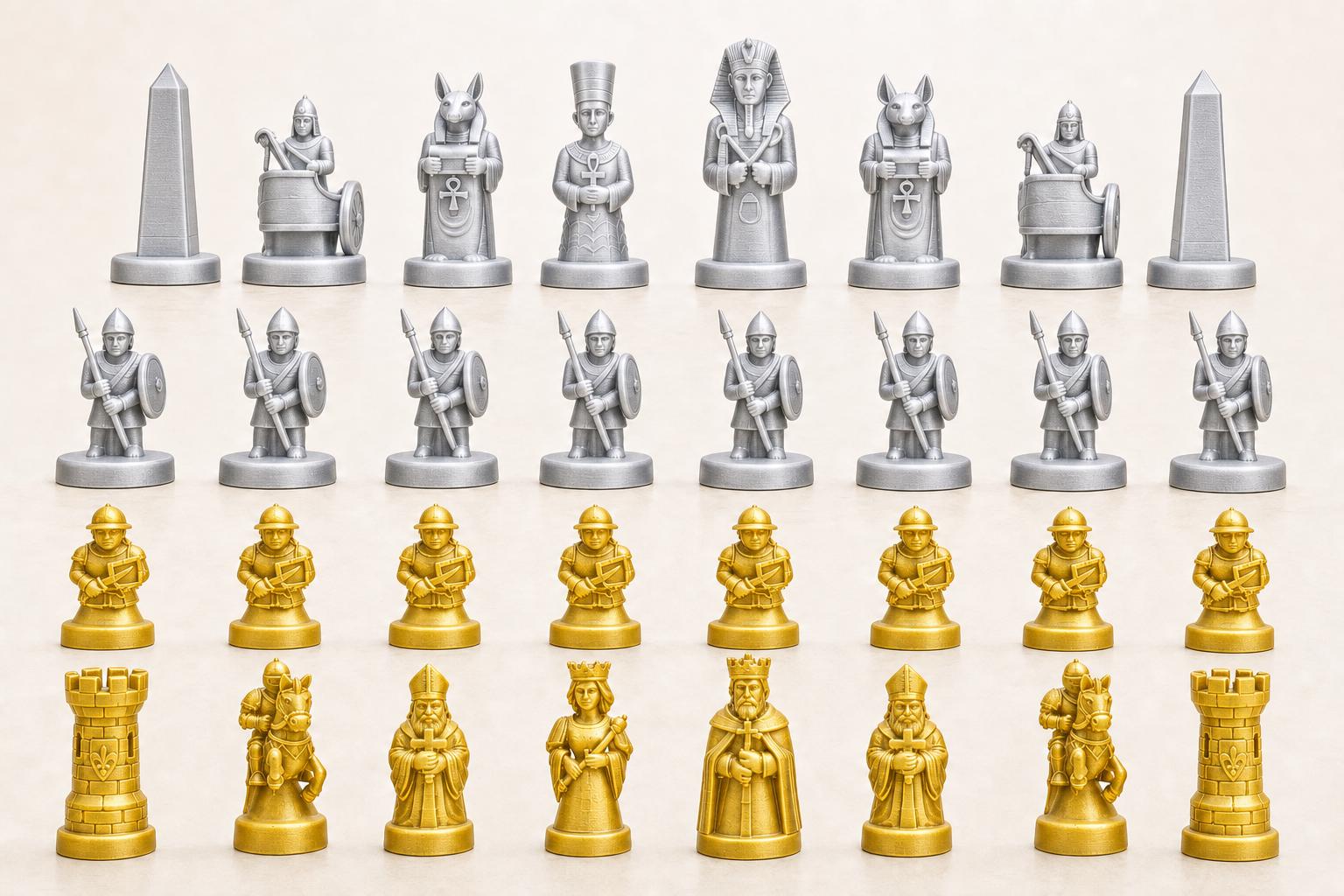 Altes-Ägypten-gegen-mittelalterliches-Europa-Schachfigurenset – komplettes 32-teiliges, 3D-gedrucktes PLA-Schachset | Made in Germany