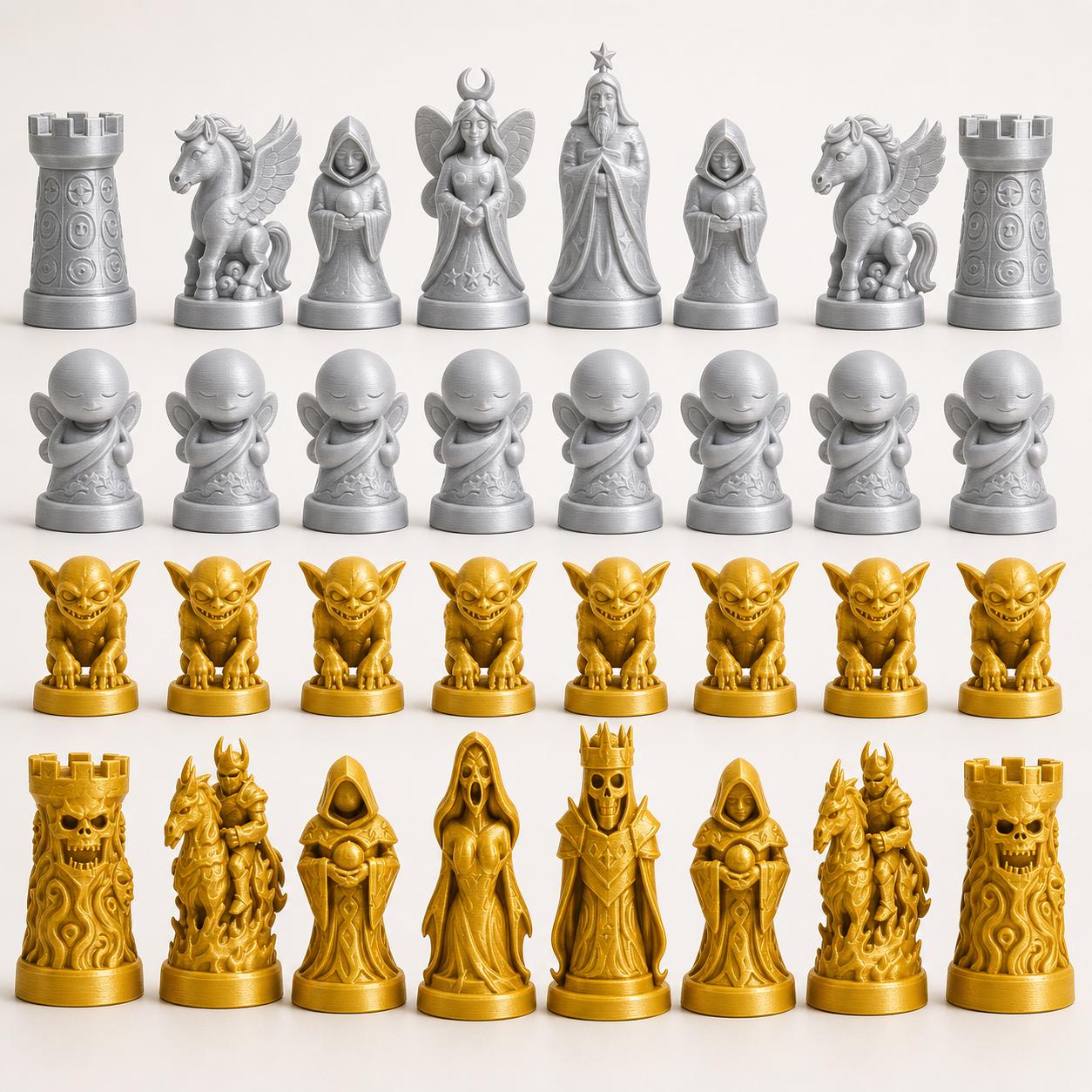 Traum-gegen-Albtraum-Schachfigurenset – komplettes 32-teiliges, 3D-gedrucktes PLA-Schachset | Geschenk für Schachfans | Made in Germany