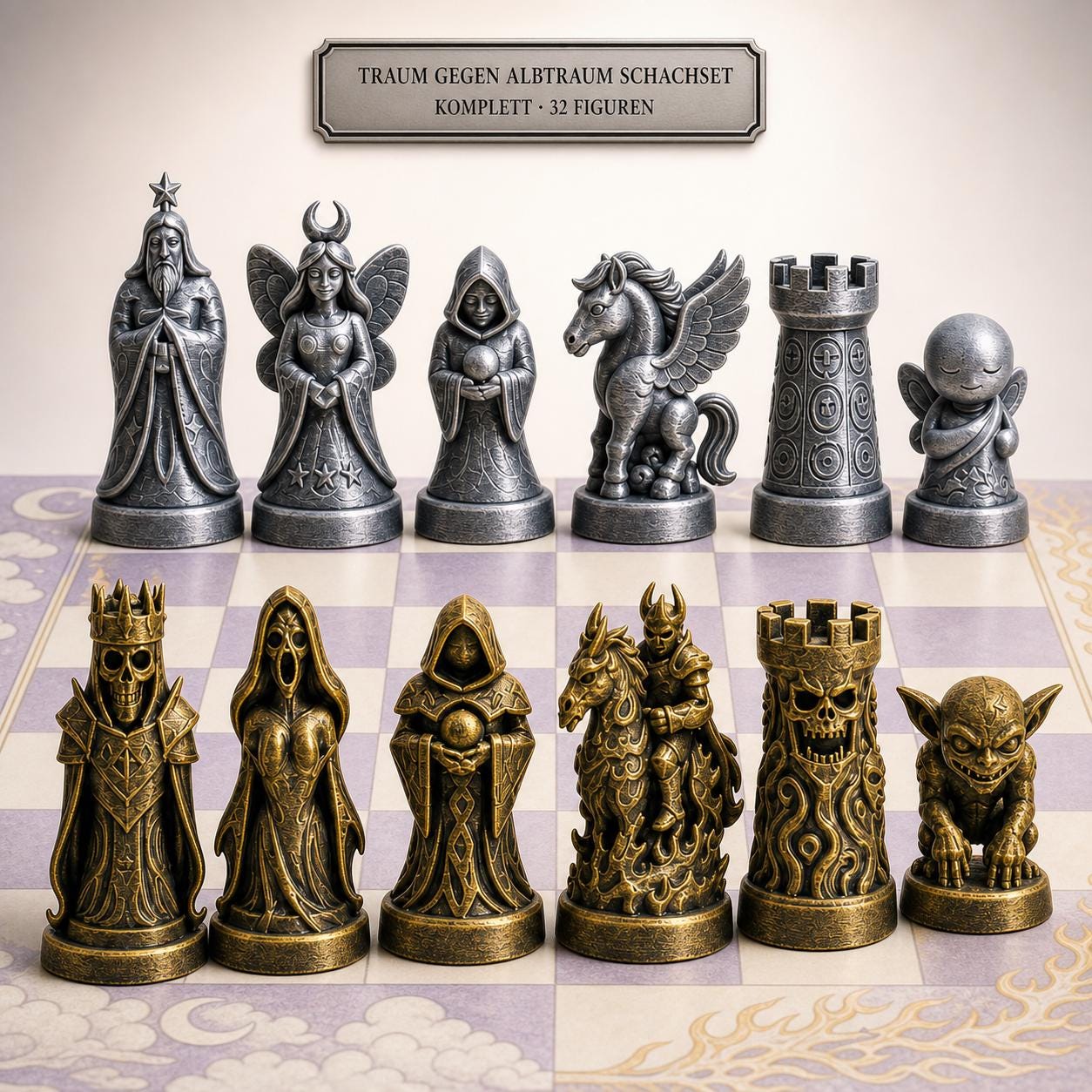 Traum-gegen-Albtraum-Schachfigurenset – komplettes 32-teiliges, 3D-gedrucktes PLA-Schachset | Geschenk für Schachfans | Made in Germany