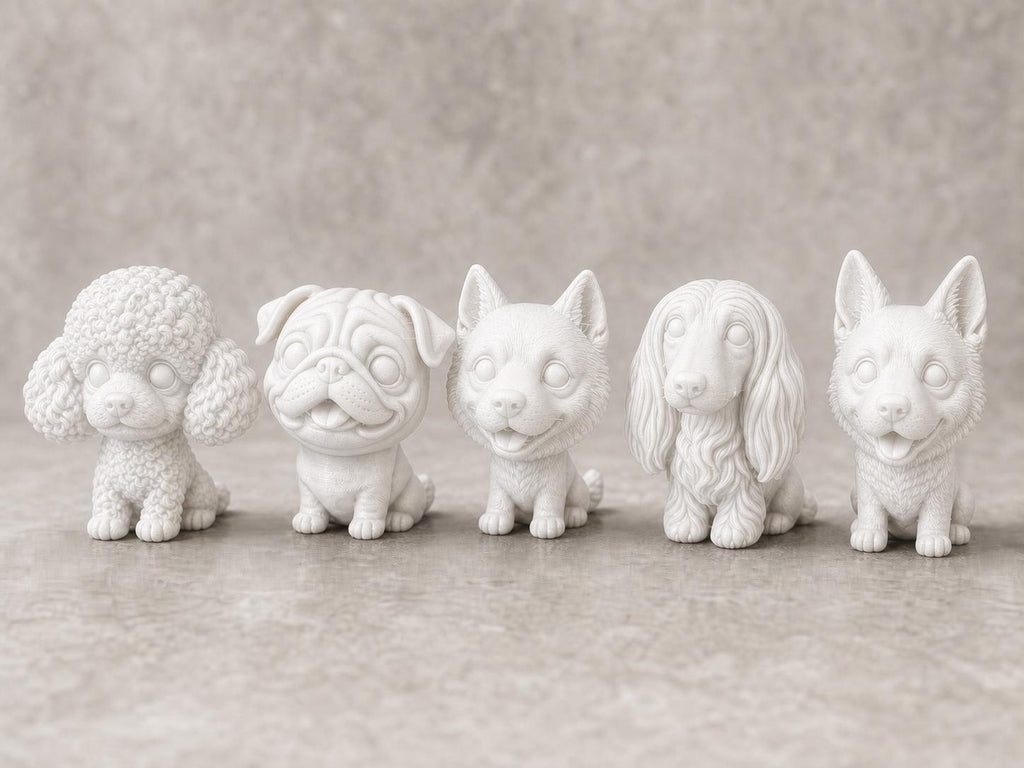 Wackelkopf-Hunde-Set – alle 5 Hundefiguren | 5 Größen & 7 Farben | 3D-Druck Made in Germany FehnFactory