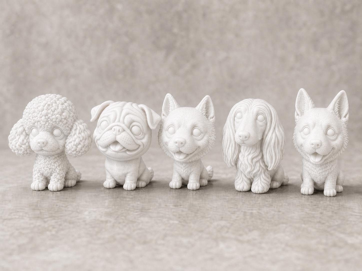 Wackelkopf-Hunde-Set – alle 5 Hundefiguren | 5 Größen & 7 Farben | 3D-Druck Made in Germany FehnFactory