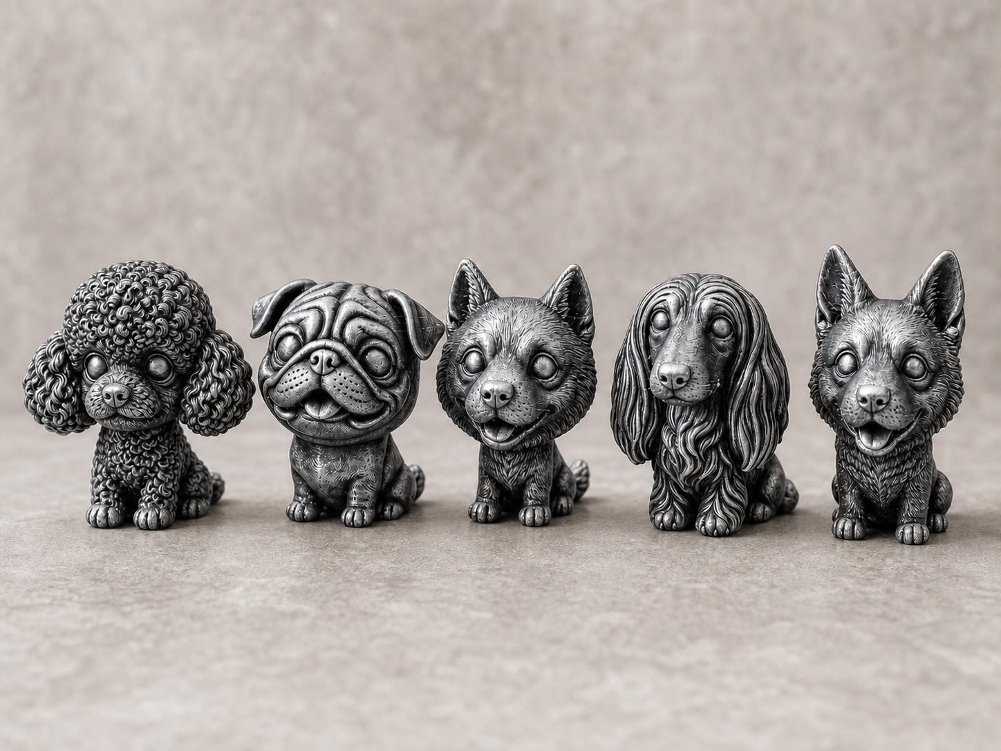 Wackelkopf-Hunde-Set – alle 5 Hundefiguren | 5 Größen & 7 Farben | 3D-Druck Made in Germany FehnFactory