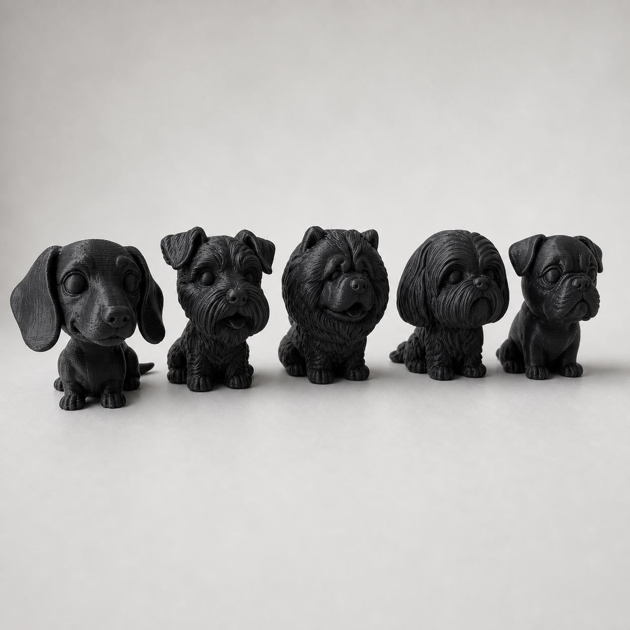 Wackelkopf-Hunde-Set – Dackel, Schnauzer, Chow-Chow, Shih Tzu & Mops | 5 Größen, 7 Farben, 3D-Druck FehnFactory
