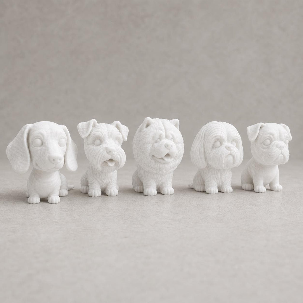 Wackelkopf-Hunde-Set – Dackel, Schnauzer, Chow-Chow, Shih Tzu & Mops | 5 Größen, 7 Farben, 3D-Druck FehnFactory