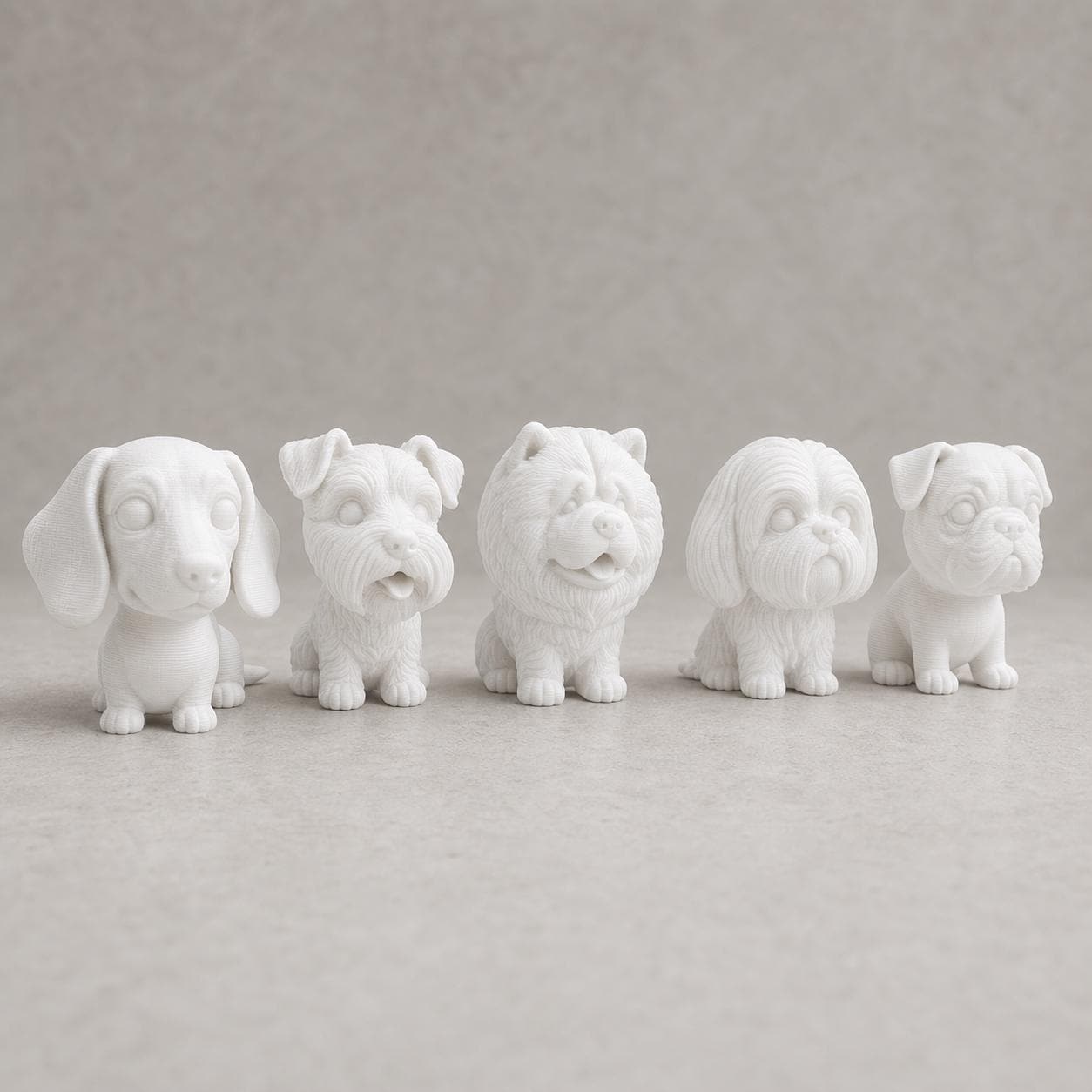 Wackelkopf-Hunde-Set – Dackel, Schnauzer, Chow-Chow, Shih Tzu & Mops | 5 Größen, 7 Farben, 3D-Druck FehnFactory