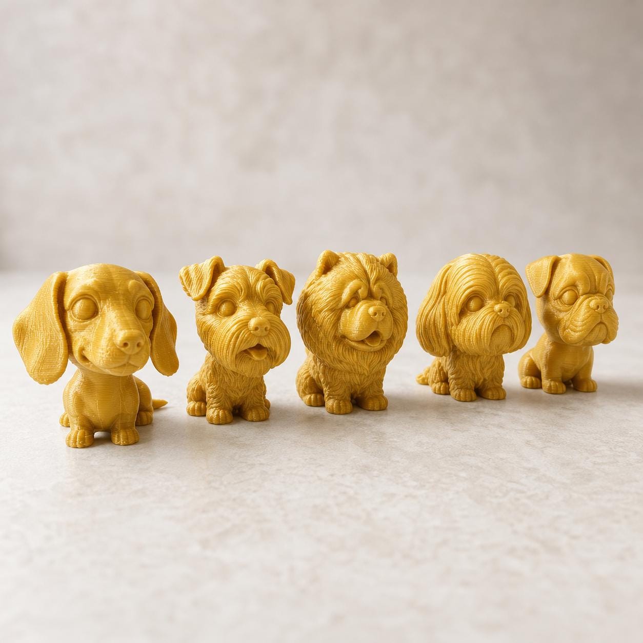 Wackelkopf-Hunde-Set – Dackel, Schnauzer, Chow-Chow, Shih Tzu & Mops | 5 Größen, 7 Farben, 3D-Druck FehnFactory