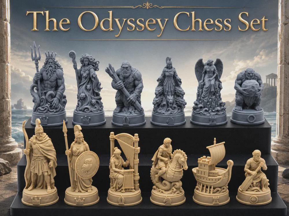 Odyssee-Schachfigurenset – komplettes 32-teiliges Mythologie-Schachset | Griechische Helden & Monster | 3D-Druck Made in Germany FehnFactory