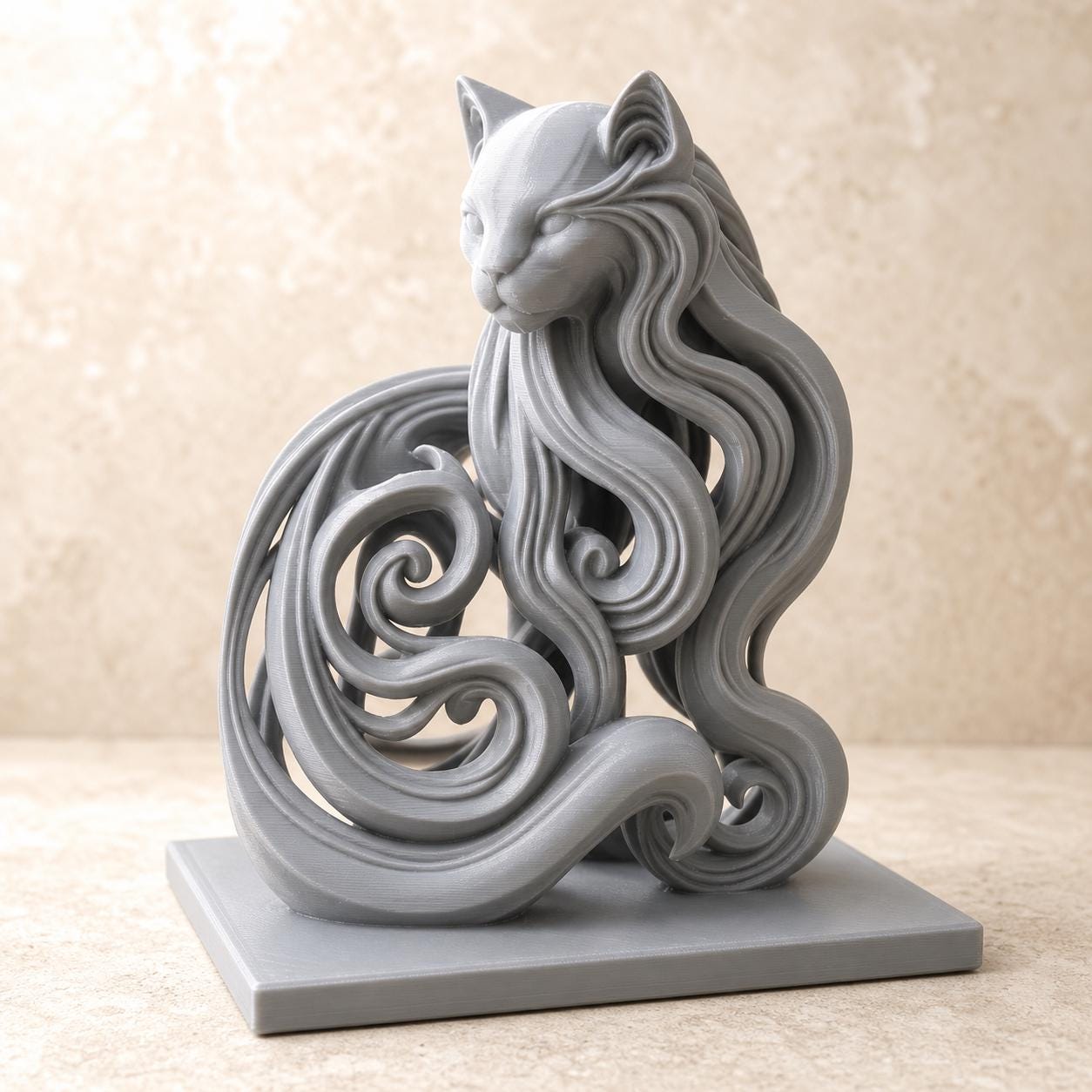 Mystic-Flow-Katzenskulptur – ornamentale Katzenstatue | Fließende Fantasy-Deko | 5 Größen, 7 Farben | 3D-Druck Made in Germany FehnFactory