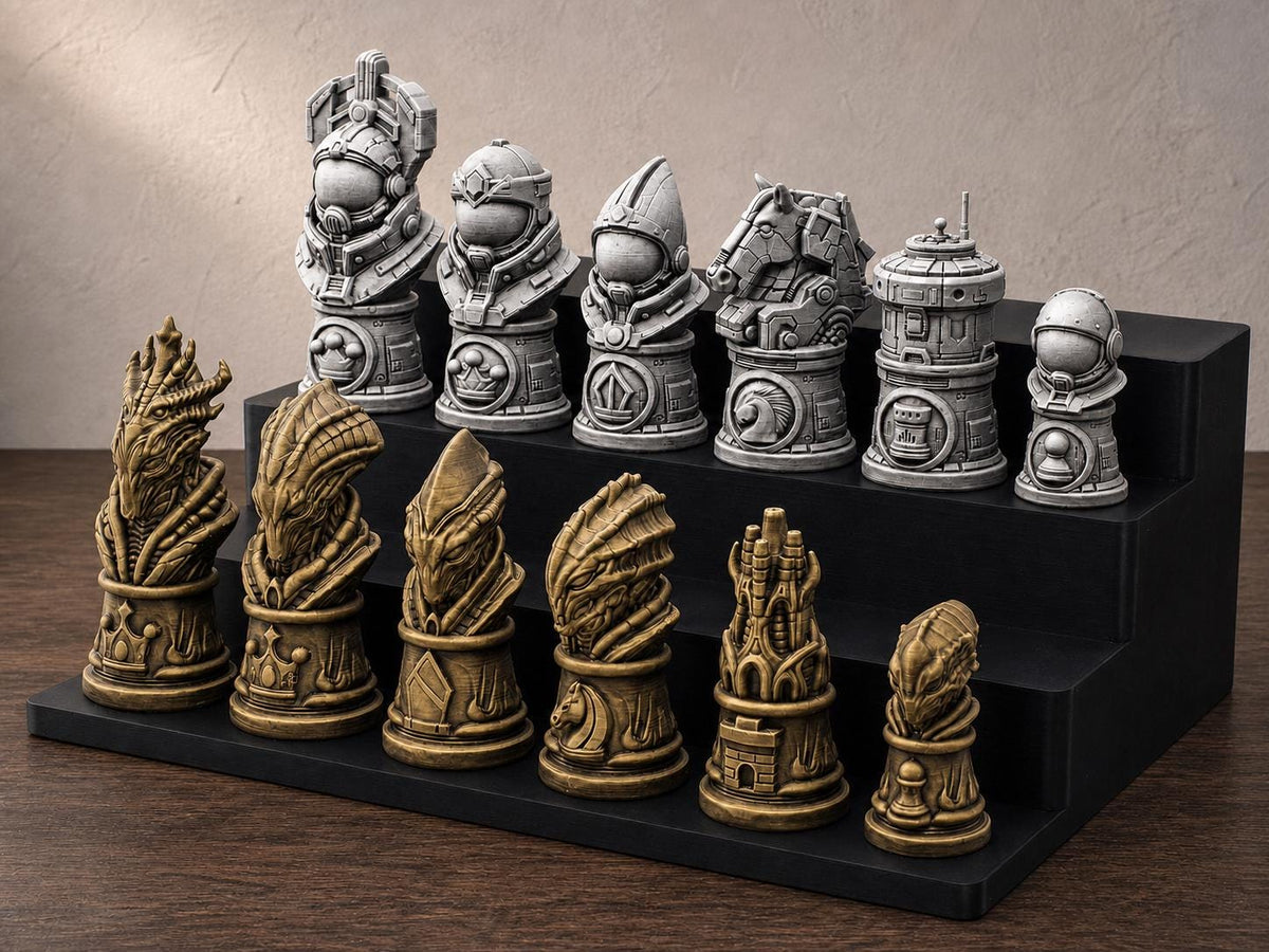 Astronauten gegen Aliens – 32-teiliges Schachfigurenset | Sci-Fi-Schachfiguren | Made in Germany FehnFactory