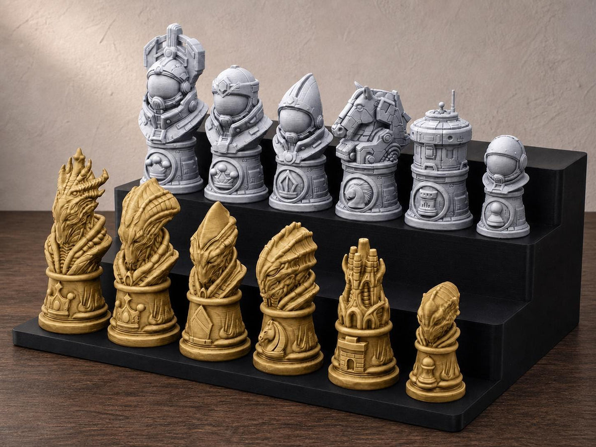 Astronauten gegen Aliens – 32-teiliges Schachfigurenset | Sci-Fi-Schachfiguren | Made in Germany FehnFactory