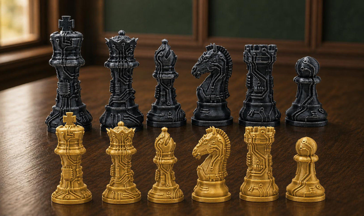 Leiterplatten-Schachfigurenset – komplett 32-teilig | Technik-Staunton-Schach | 2 Größen & 13 Farbpaare | Made in Germany FehnFactory