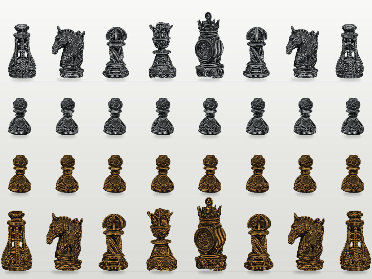 Steampunk-Zahnrad-Schachfigurenset – komplett 32-teilig | 3 Größen & 12 Farbpaare | Made in Germany