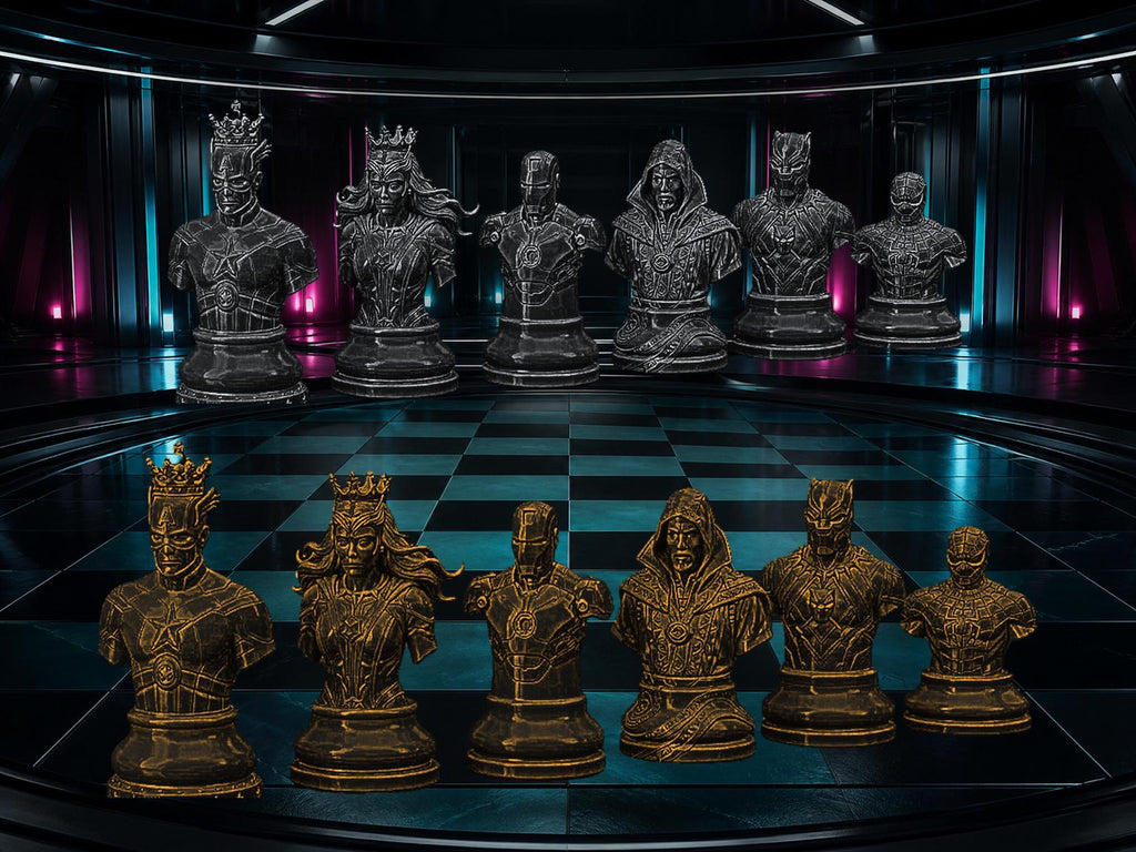 Superhelden-Büsten-Schachfigurenset – komplett 32-teilig | Fantasy-Helden | 3 Größen & 12 Farbpaare