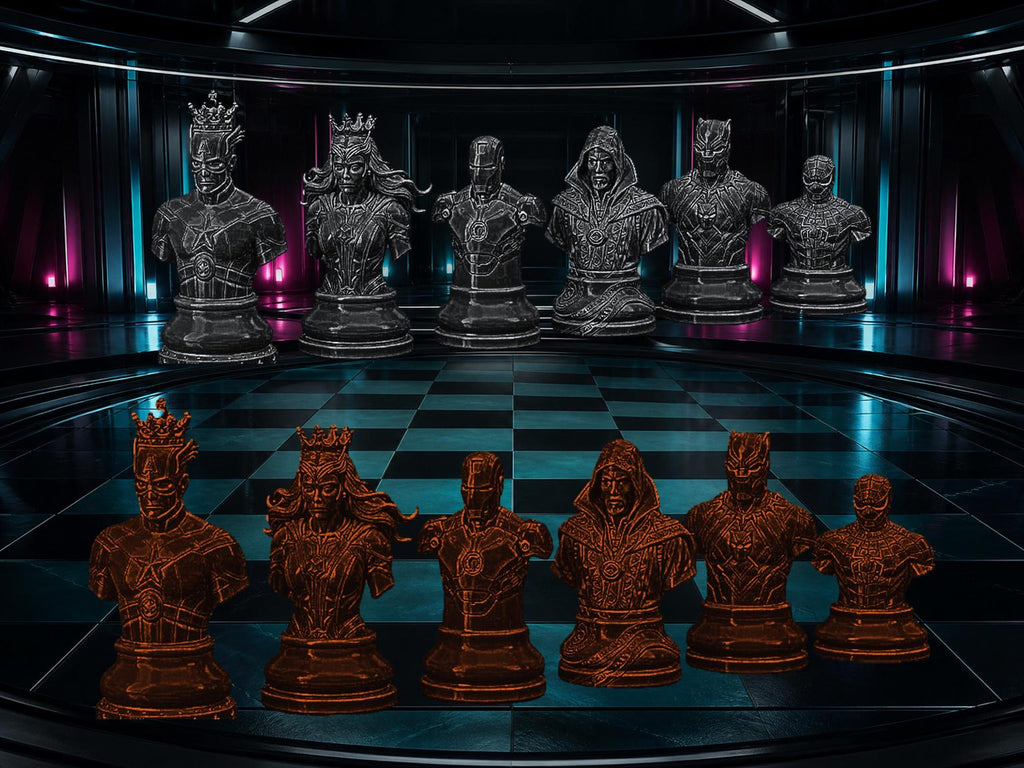 Superhelden-Büsten-Schachfigurenset – komplett 32-teilig | Fantasy-Helden | 3 Größen & 12 Farbpaare