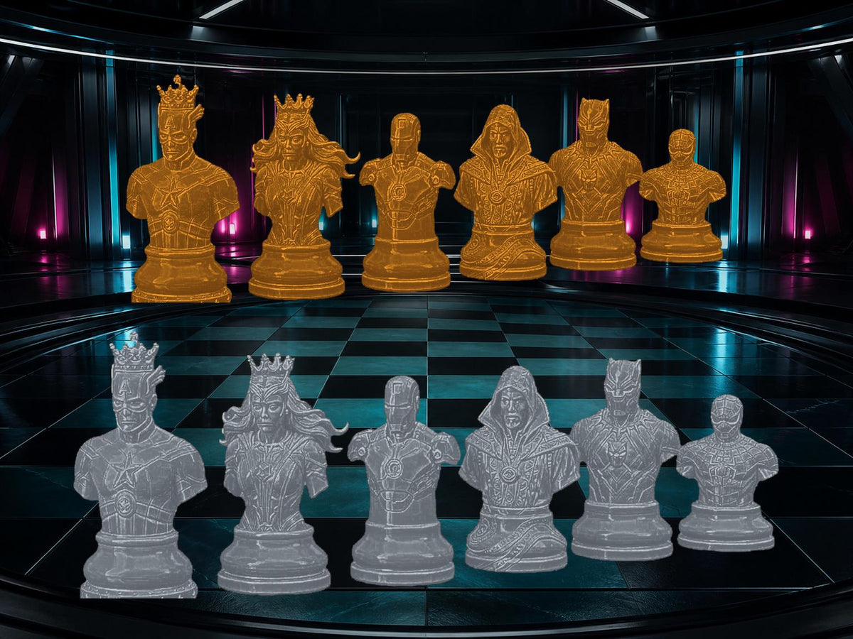 Superhelden-Büsten-Schachfigurenset – komplett 32-teilig | Fantasy-Helden | 3 Größen & 12 Farbpaare