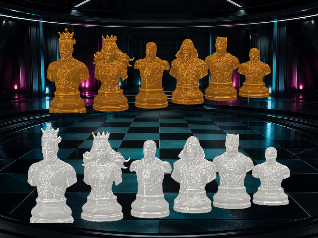 Superhelden-Büsten-Schachfigurenset – komplett 32-teilig | Fantasy-Helden | 3 Größen & 12 Farbpaare