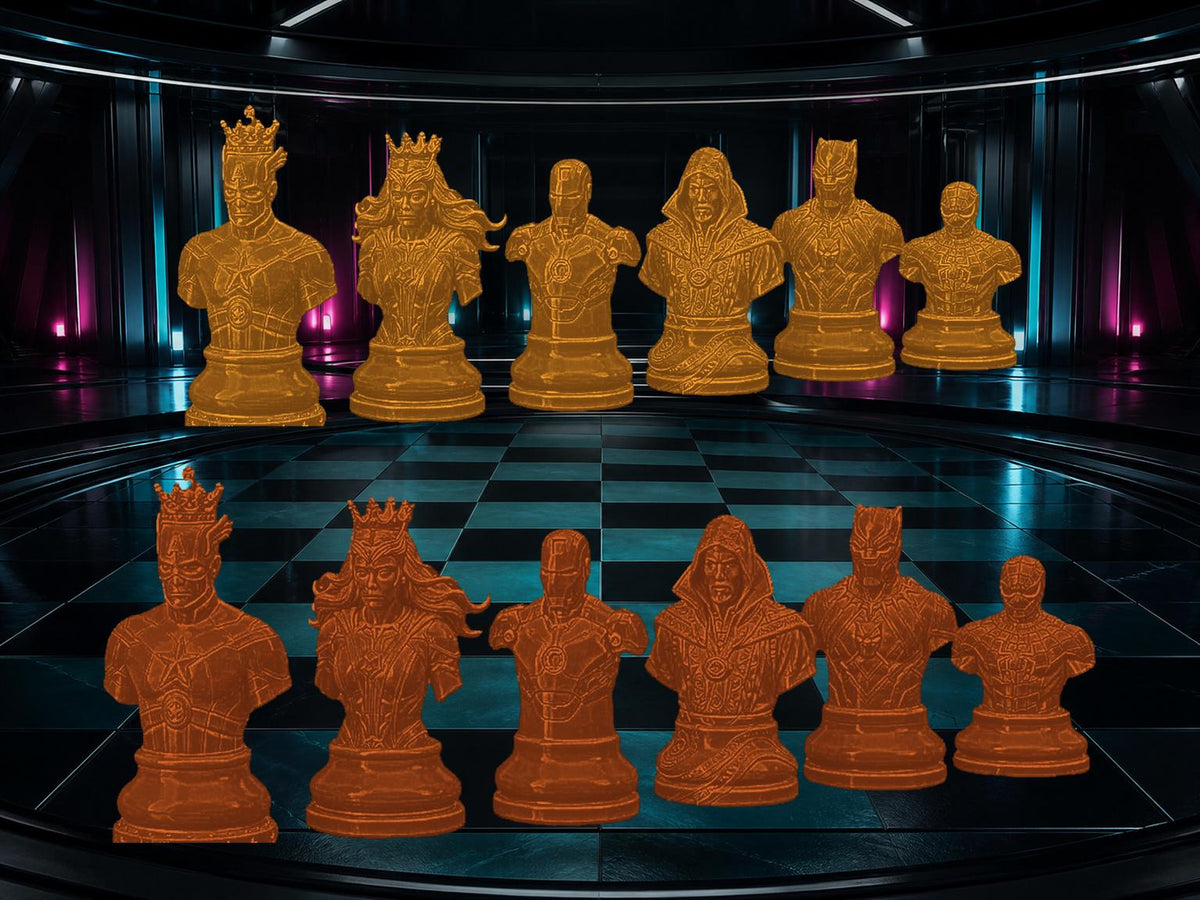 Superhelden-Büsten-Schachfigurenset – komplett 32-teilig | Fantasy-Helden | 3 Größen & 12 Farbpaare