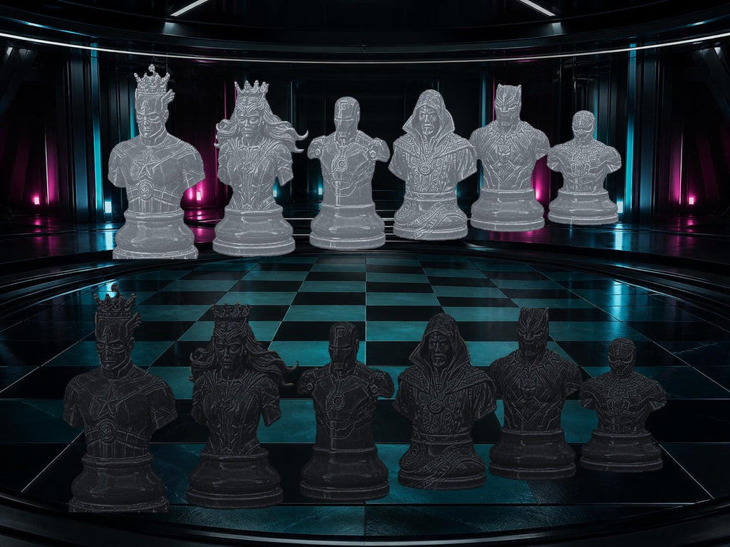 Superhelden-Büsten-Schachfigurenset – komplett 32-teilig | Fantasy-Helden | 3 Größen & 12 Farbpaare