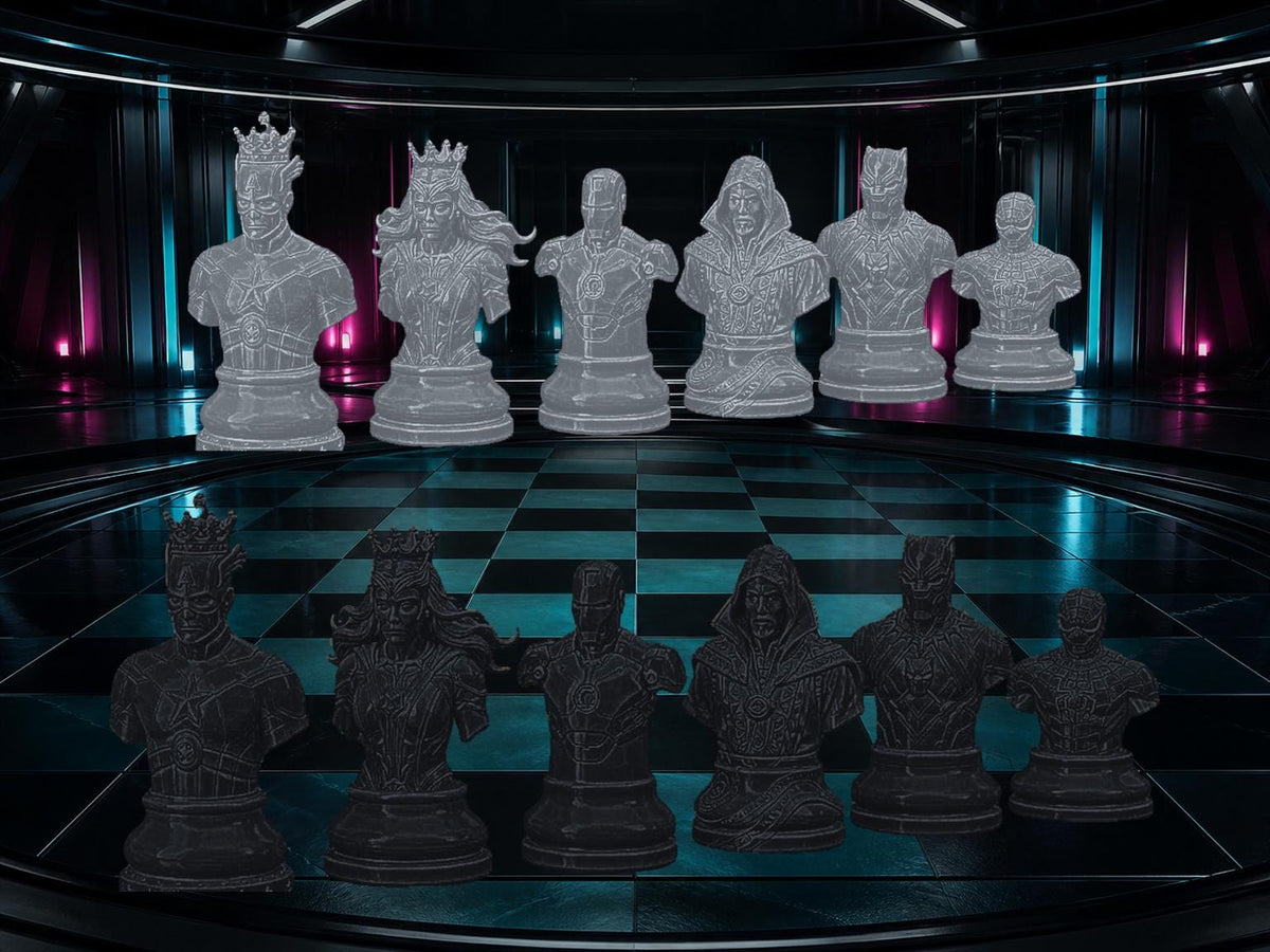 Superhelden-Büsten-Schachfigurenset – komplett 32-teilig | Fantasy-Helden | 3 Größen & 12 Farbpaare